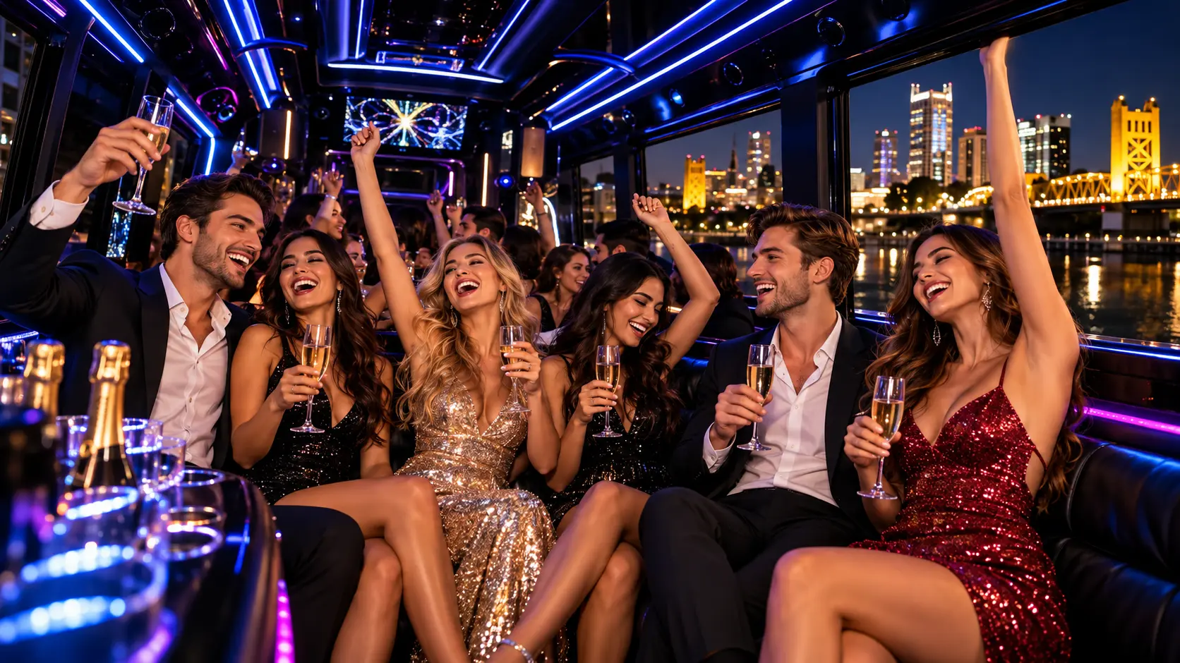 Birthday party celebration inside a luxury party bus in Sacramento
