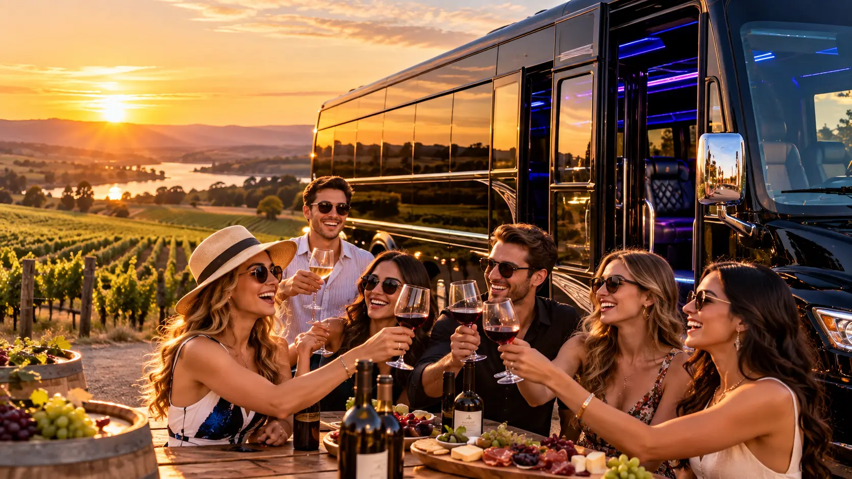 Party bus wine tour transportation at a vineyard near Sacramento