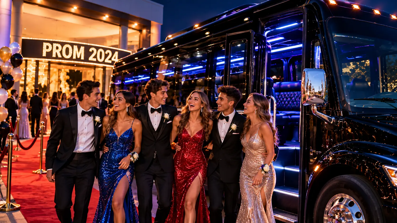 Prom and group event transportation inside a luxury party bus in Sacramento