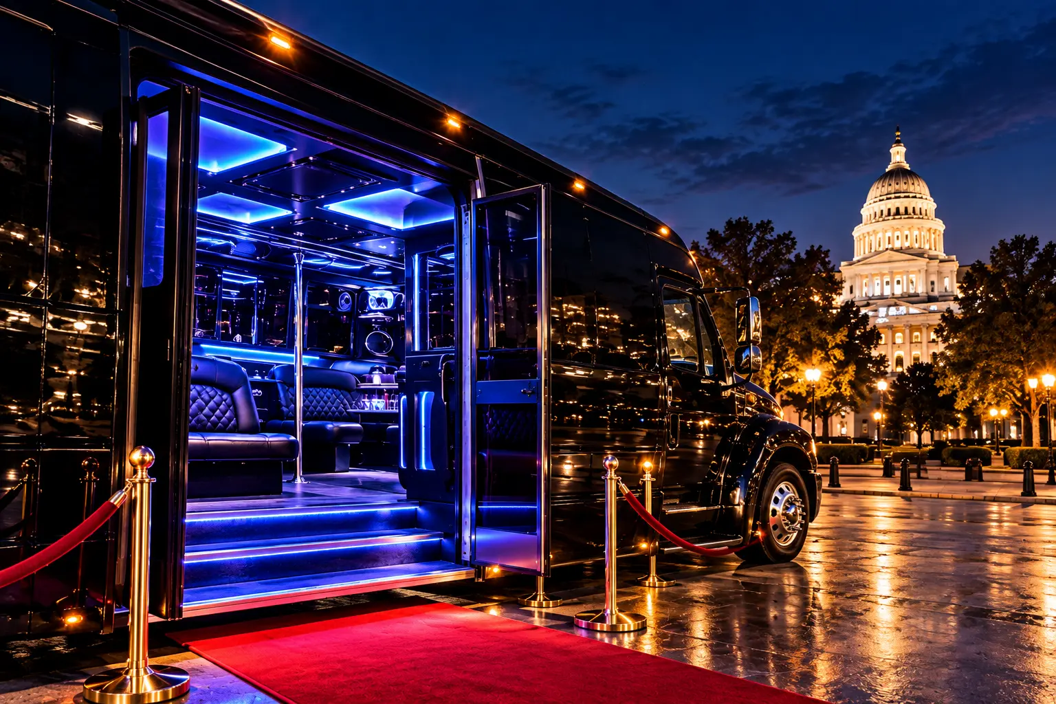 Luxury party bus for regional group transportation from Sacramento